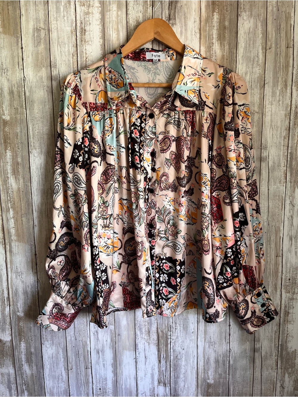 Fate Boho Paisley Floral Button Front Blouse Long Sleeve Top Medium